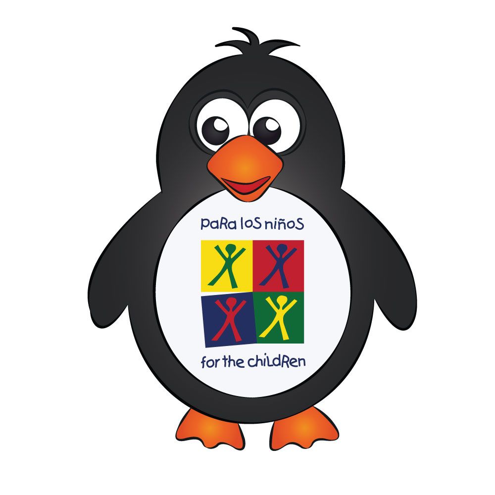 Graphic of a penguin with a sign for Para Los Ninos' Charter Elementary School on its abdomen.